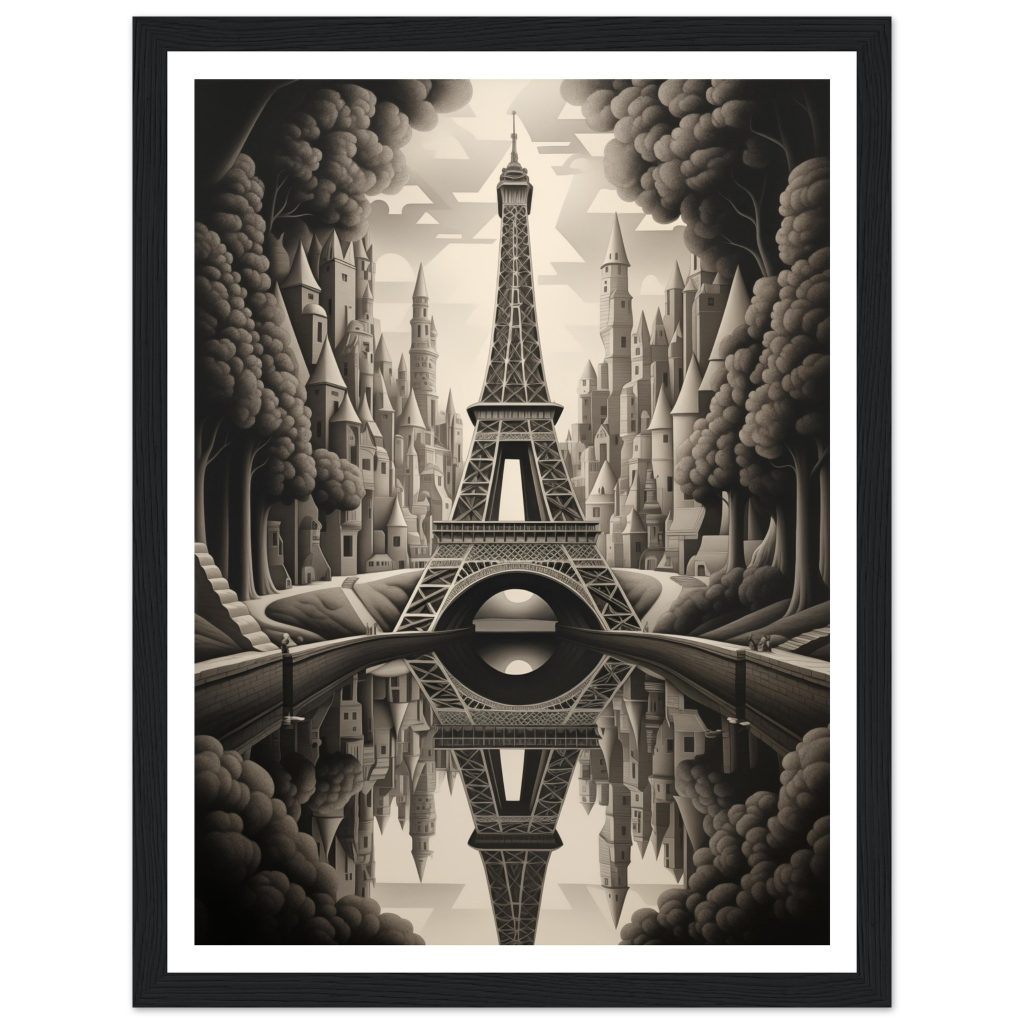 Framed AI Poster Art of The Eiffel Tower - M. C. Escher
