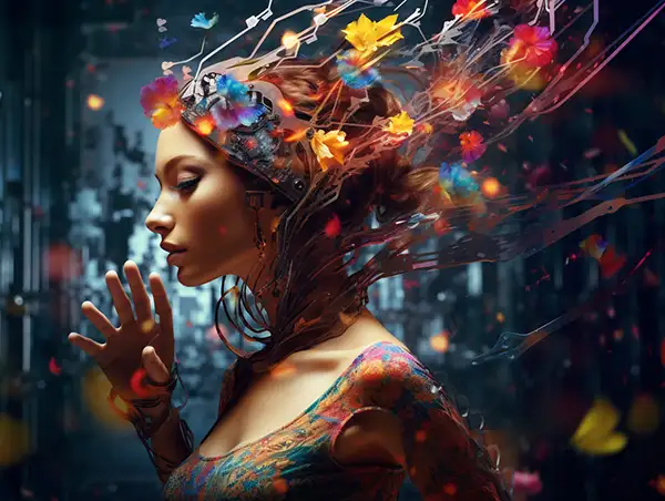 Futuristic person digital flowers in hair