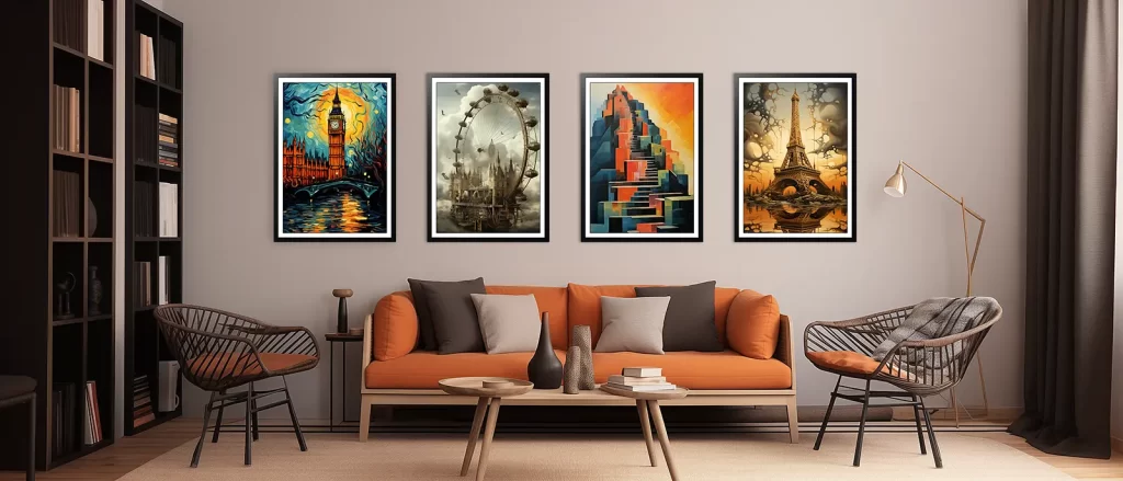 Sitting room with ai art on the walls