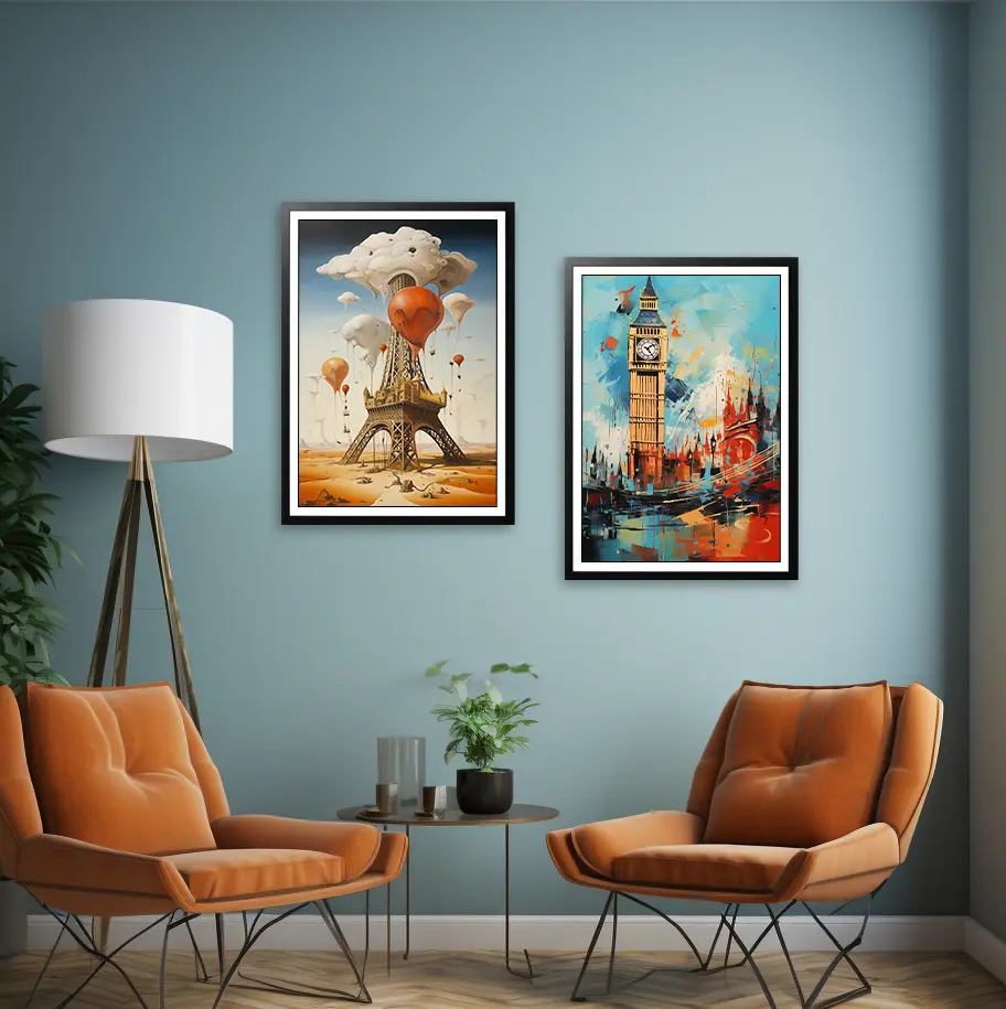 Corner of a room with 2 ai art pictures on the wall
