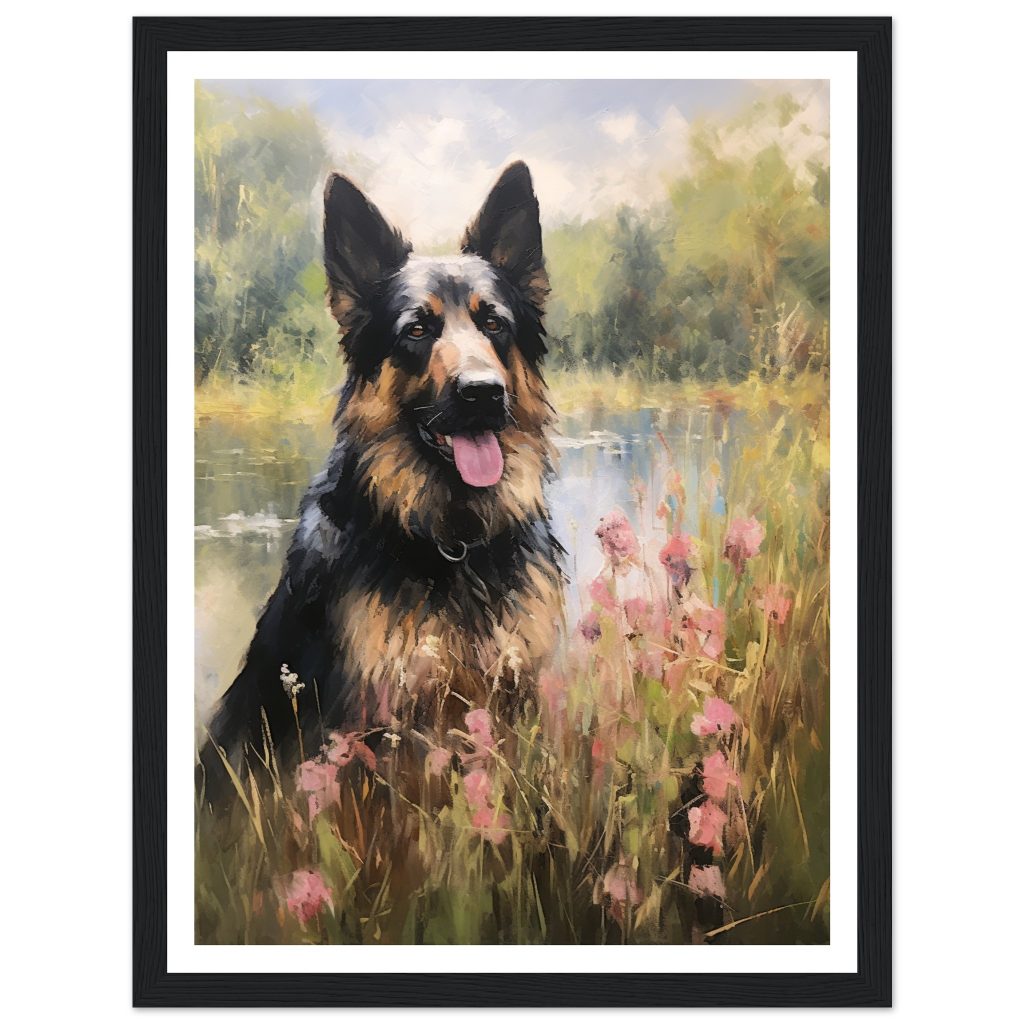 Framed AI Poster Art of German Shepherd - Claude Monet