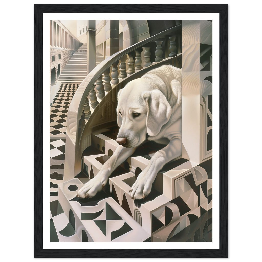 Framed AI Poster Art of White Labrador - M. C. Escher